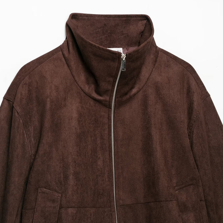 Damen Velourslederoptik Bomberjacke mit Funnelkragen und elastischem Saum Echoarchiv