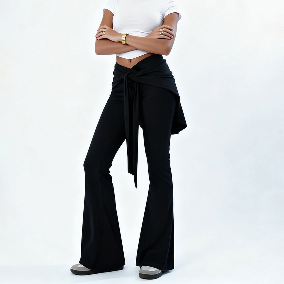 Damen High‑Waist Schlaghose mit Wickelrock-Overlay und Bindegürtel Echo Archiv