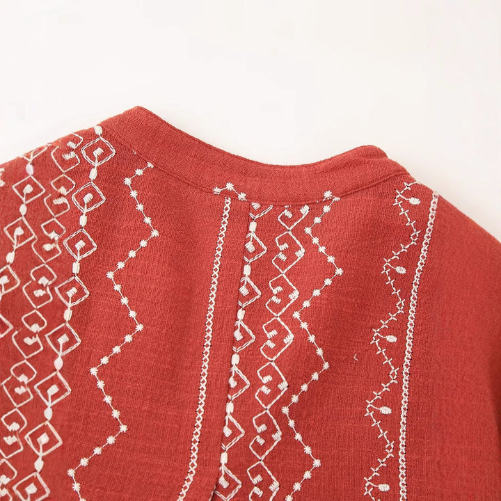 Damen bestickte Blusenjacke mit V-Ausschnitt und lockerer A-Linien-Silhouette Echoarchiv