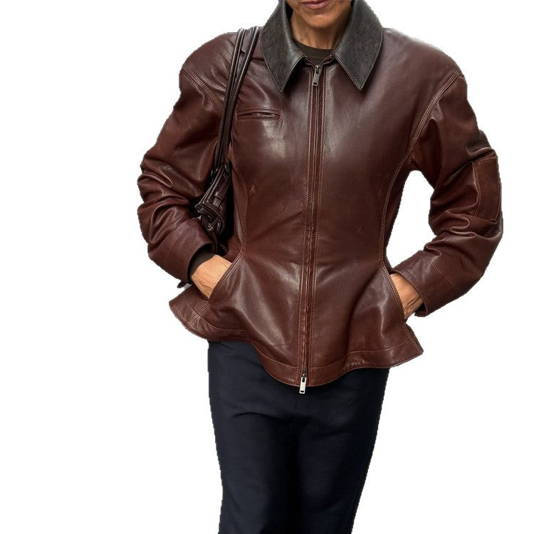 Damen Lederjacke mit tailliertem Schößchen, Reißverschluss & großem Hemdkragen Echoarchiv