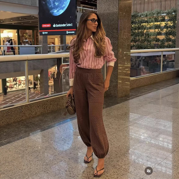 Damen Gestreifte Oversize-Bluse mit kontrastkragen und Manschetten Echoarchiv