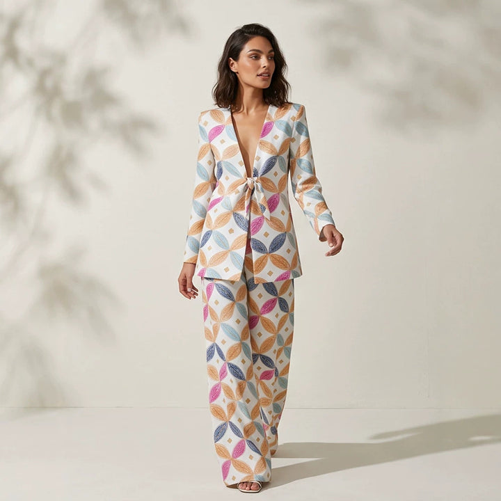 Damen Zweiteiliger Jacquard-Anzug mit Taillenschleife und weitem Bein Echoarchiv