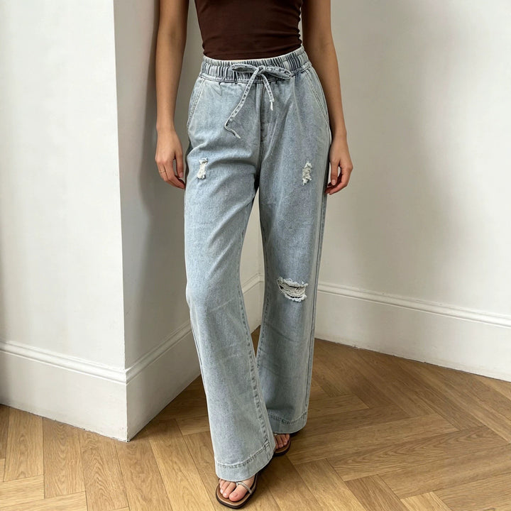 Damen nan weite Denimhose mit elastischem Kordelbund, Used-Effekten und lockerer Passform Echo Archiv