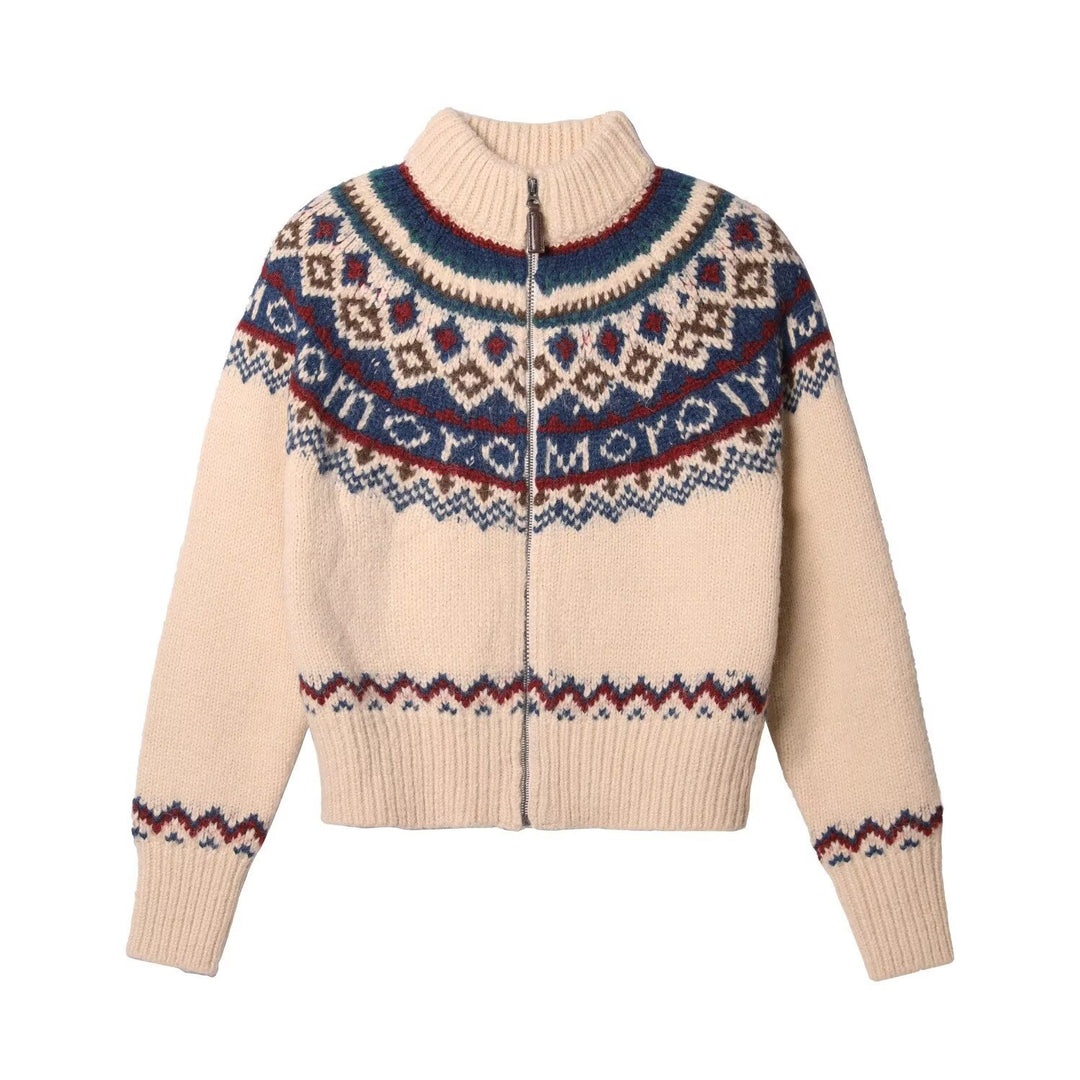 Damen Kuschelige Grobstrickjacke mit Zipper und geometrischem Muster Echoarchiv
