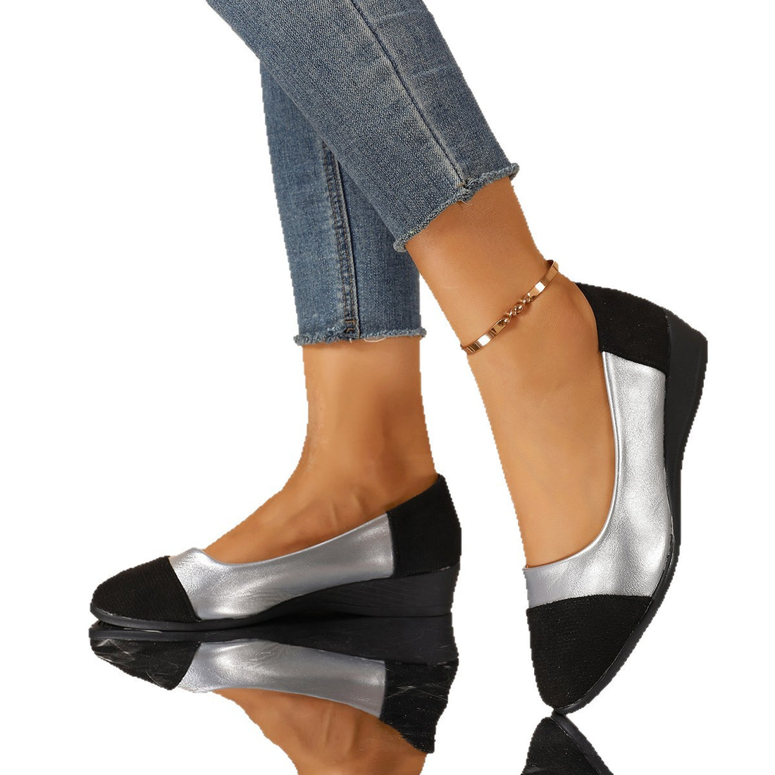 Damen Komfort-Ballerinas mit leichtem Keilabsatz, Materialmix und gepolstertem Fußbett – Lioré