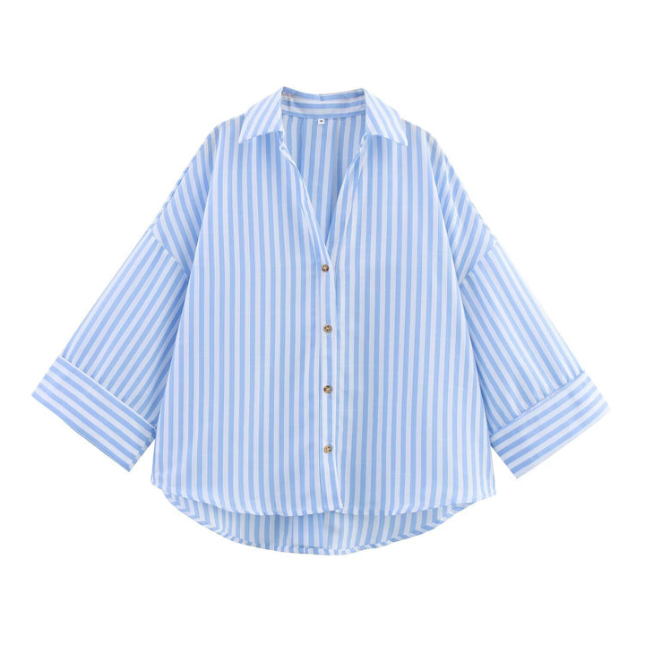 Damen nan oversized Streifen-Hemdbluse mit überschnittener Schulter, 3/4-Ärmel und verlängertem Rückensaum Echo Archiv
