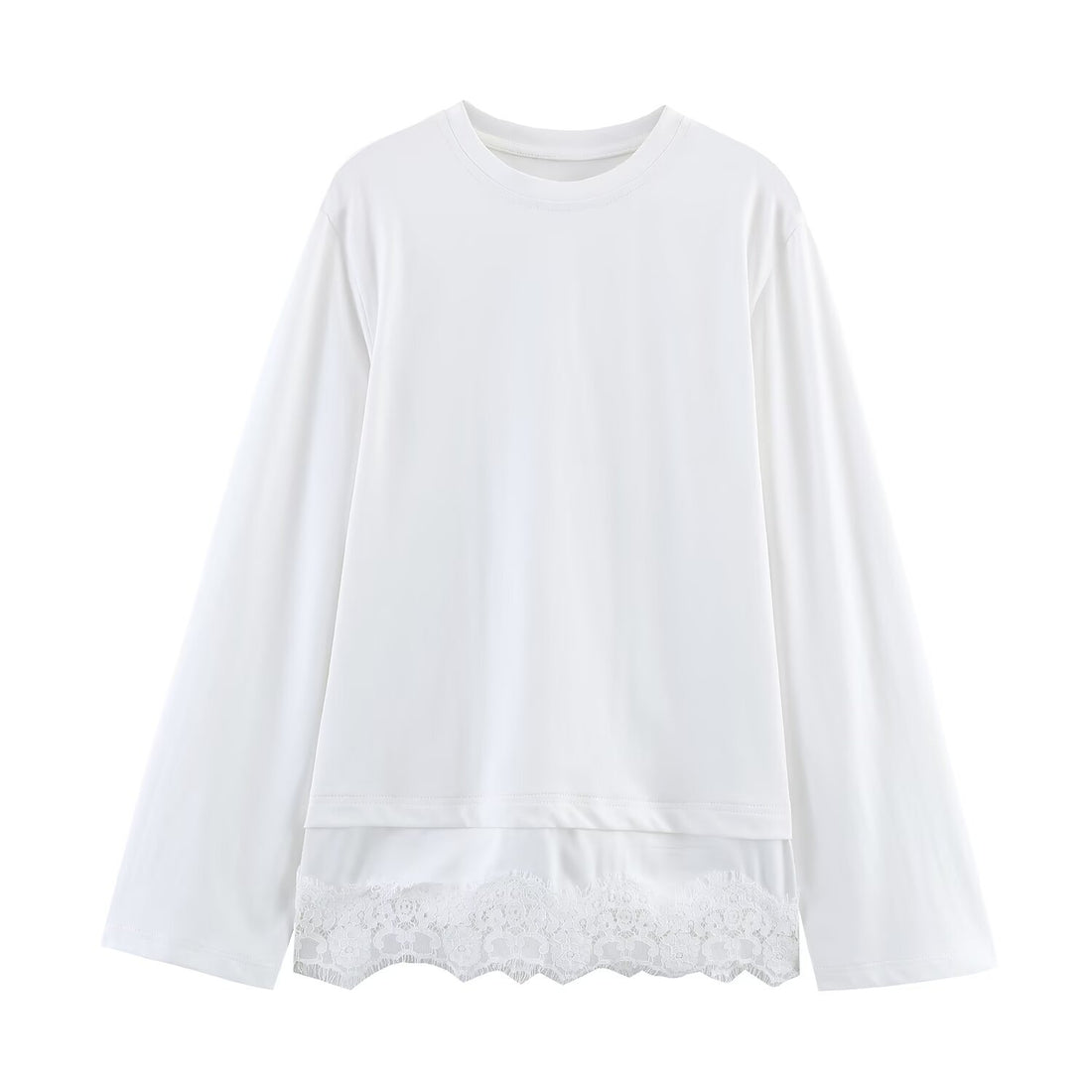 Damen Langärmeliges Oversize-Shirt mit Rundhalsausschnitt und Spitzenbesatz am Saum Echoarchiv