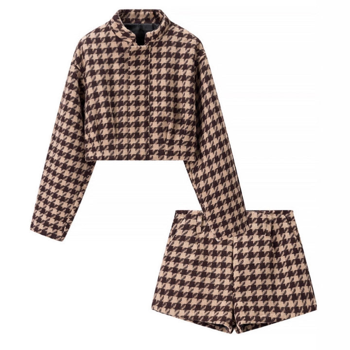 Damen Zweiteiliges Hahnentritt-Wollmix-Set mit tailliertem Kurzblazer und hochgeschnittener Short Echo Archiv