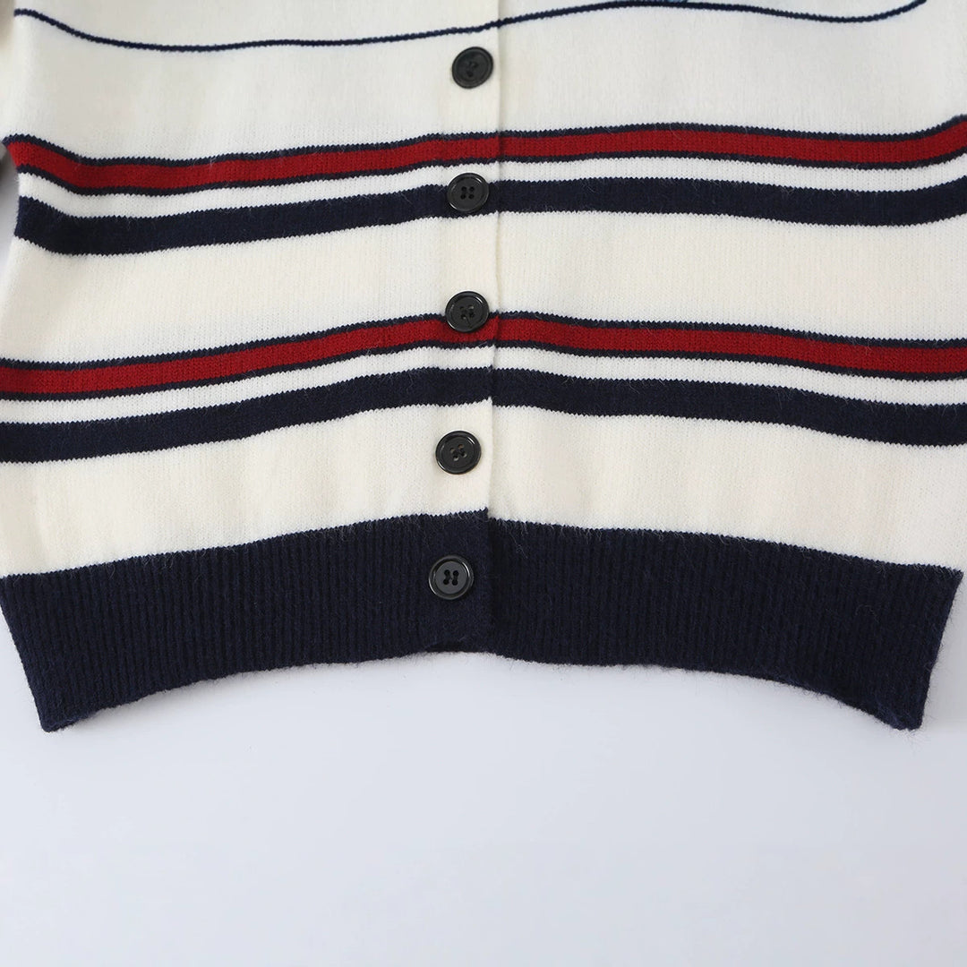 Damen nan gestreifte Strickjacke mit Knopfleiste, V-Ausschnitt und tailliertem Bund Echo Archiv