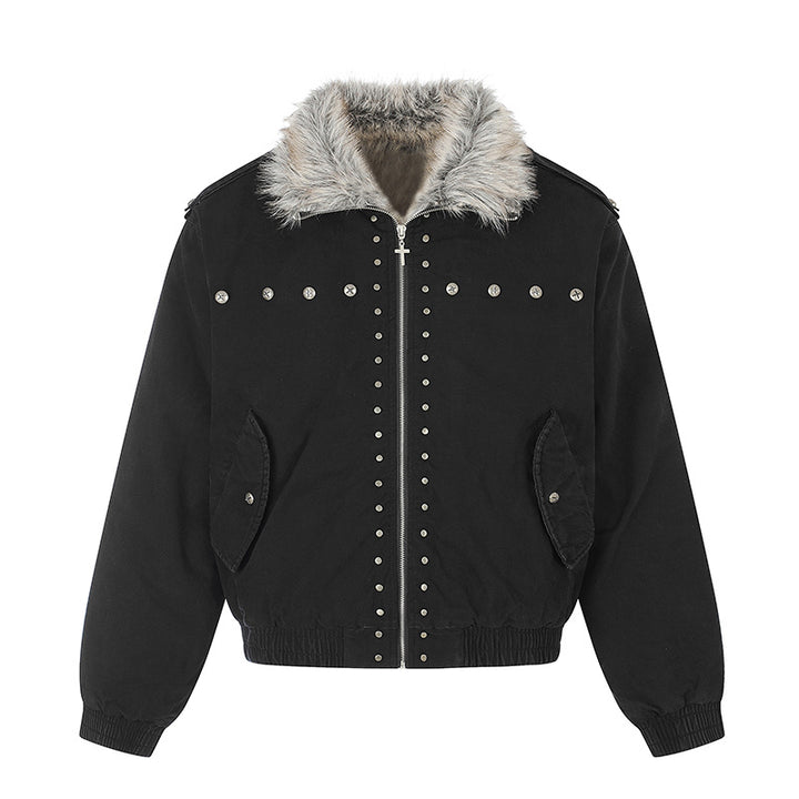 Damen wattierte Bomberjacke mit Kunstfellkragen, Nietenapplikation und Schulterklappen Echoarchiv