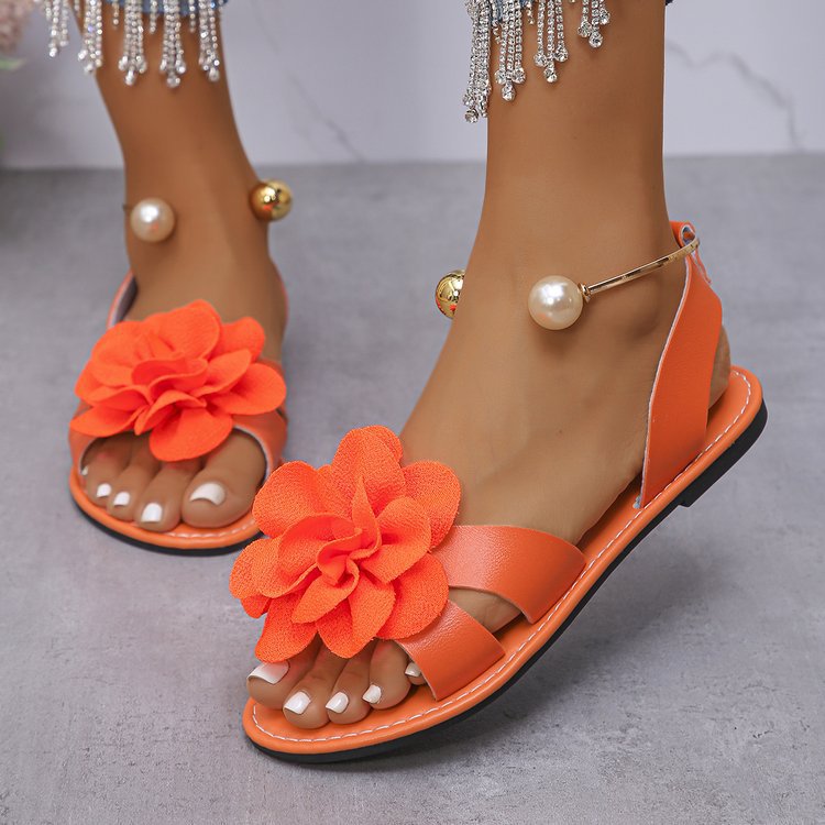Damen Blumensandalen mit großer 3D-Blütenapplikation und Slingback – Sorelia