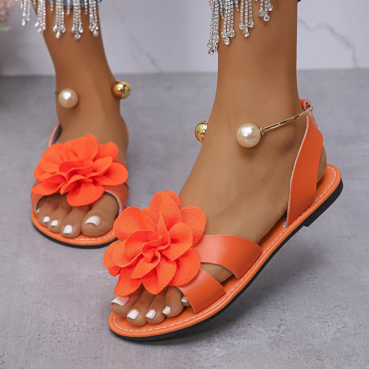 Damen Blumensandalen mit großer 3D-Blütenapplikation und Slingback – Sorelia