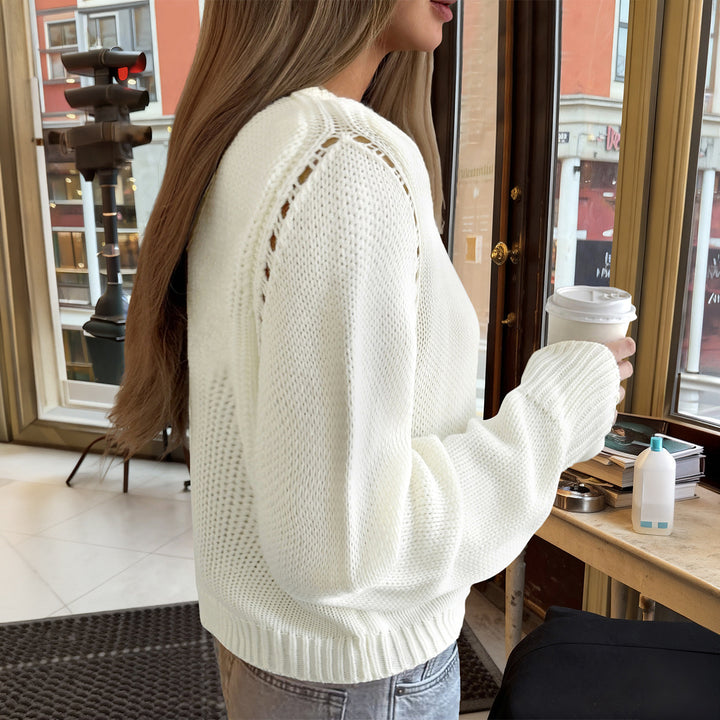 Damen gestrickter Feinstrick-Pullover mit Rundhalsausschnitt, leichter Oversize-Passform und gerippten Bündchen – Mavelle