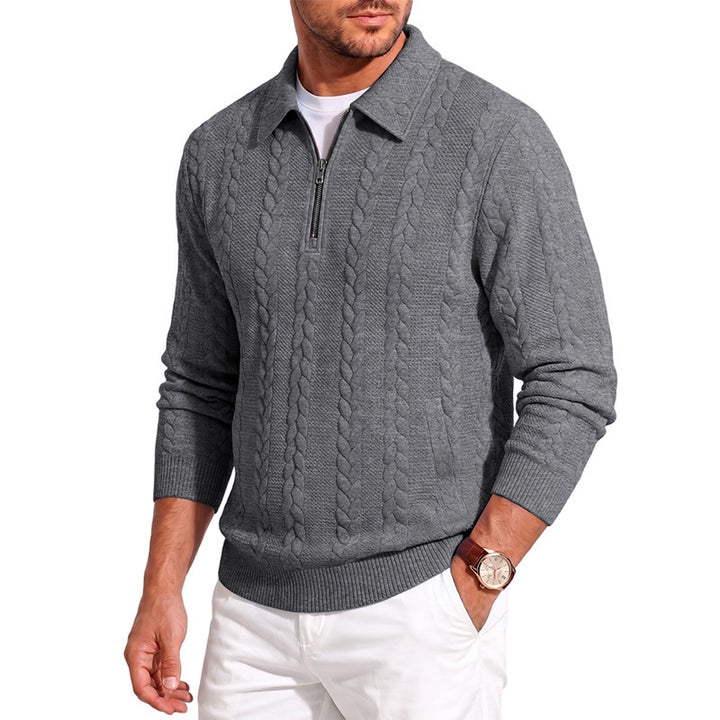 Herren Polokragen-Strickpullover mit Zopfstruktur und Halbzip Echoarchiv
