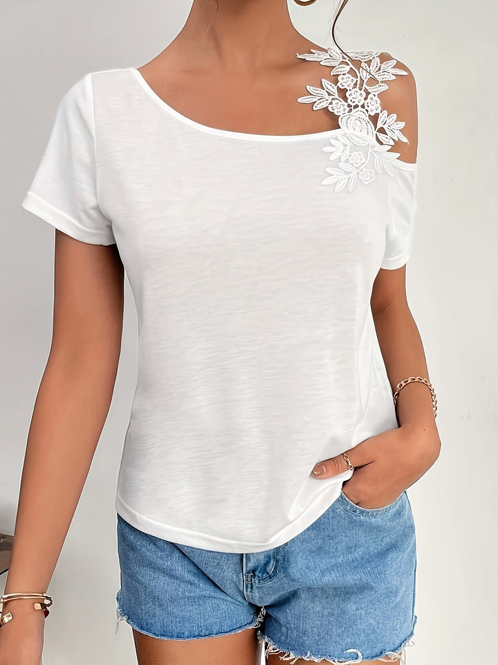 Damen nan schulterfreies Jerseyshirt mit floraler Spitzenapplikation und lockerer Passform Echo Archiv