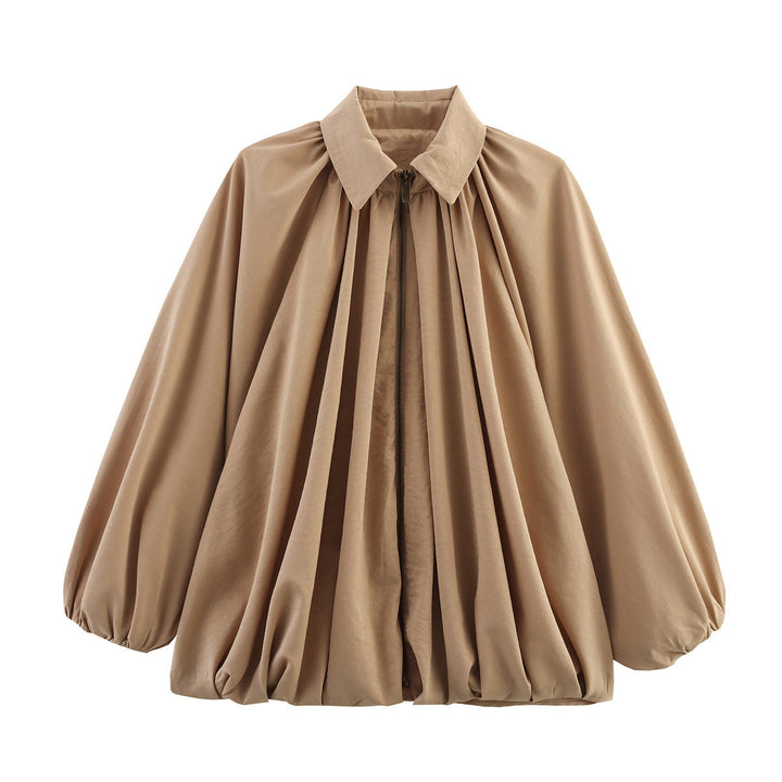 Damen Weite plissierte Cape-Bluse mit Stehkragen und verdecktem Reißverschluss Echo Archiv