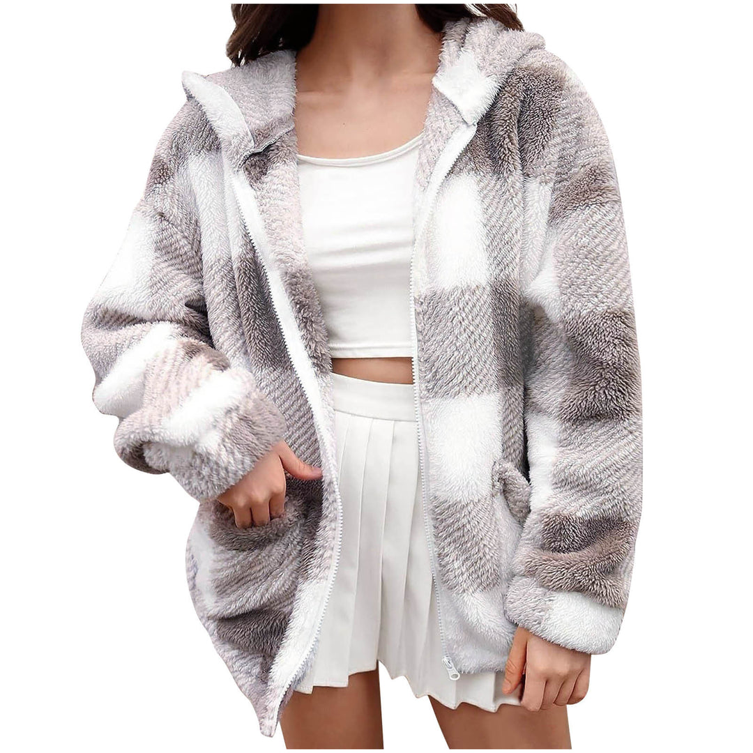 Damen nan dicke Karo-Teddyjacke mit Kapuze, Frontreißverschluss und aufgesetzten Taschen Echo Archiv