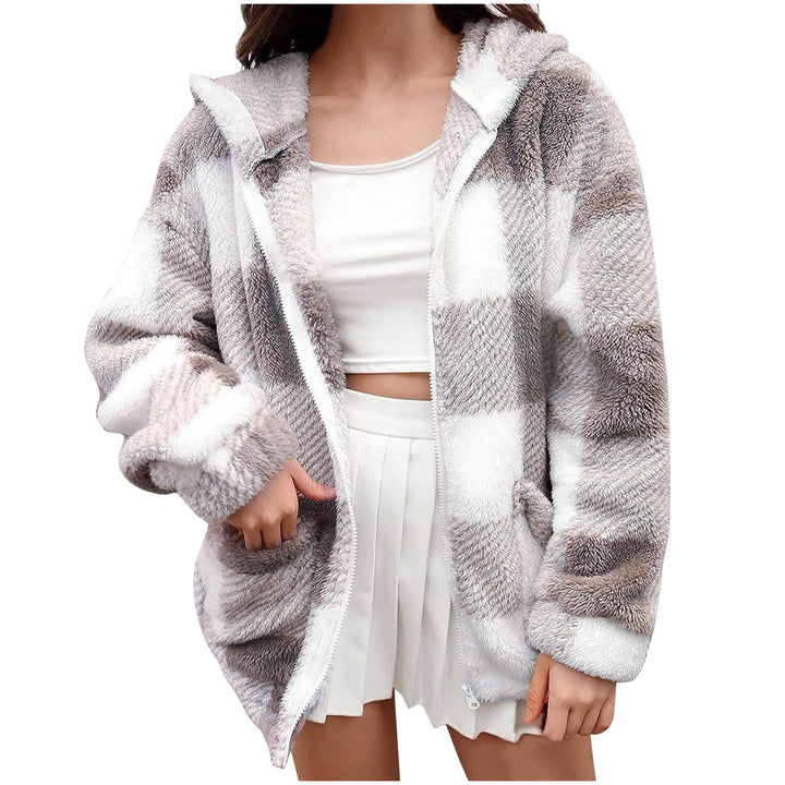 Damen nan dicke Karo-Teddyjacke mit Kapuze, Frontreißverschluss und aufgesetzten Taschen Echo Archiv