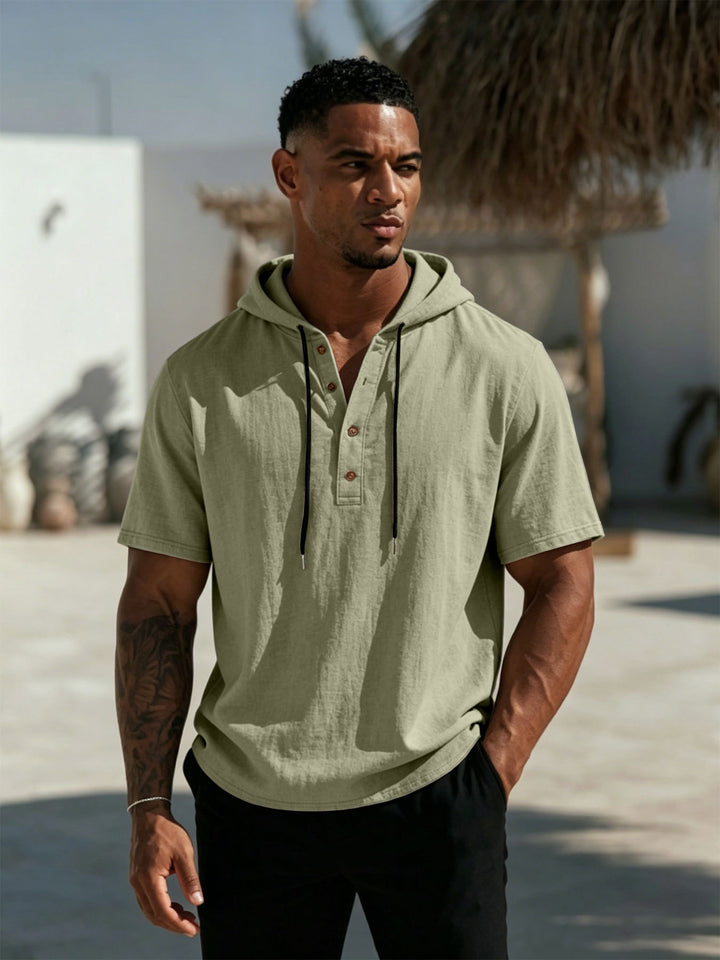 Herren Kurzarm-Hoodie-Henley aus Leinenoptik mit Knopfleiste – Cavarno