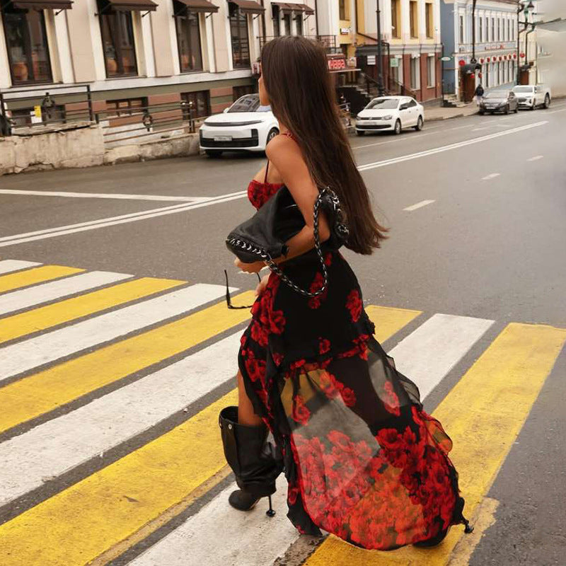 Damen Trägerloses Sommerkleid mit Chiffon-Rüschen Echo Archiv