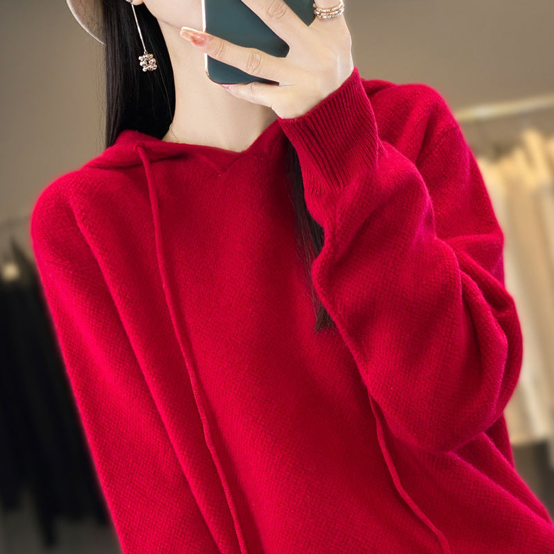 Damen weicher Feinstrick‑Kapuzensweater mit melierter Struktur und gerippten Bündchen Echoarchiv