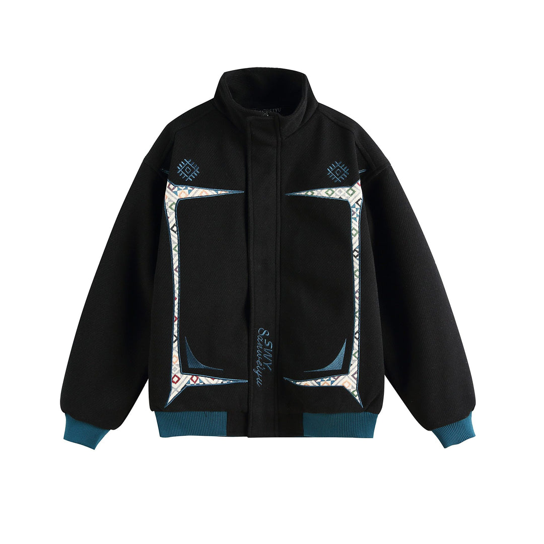 Damen Leichte Stehkragen-Jacke mit folkloren Stickapplikationen und gerippten Bündchen Echoarchiv