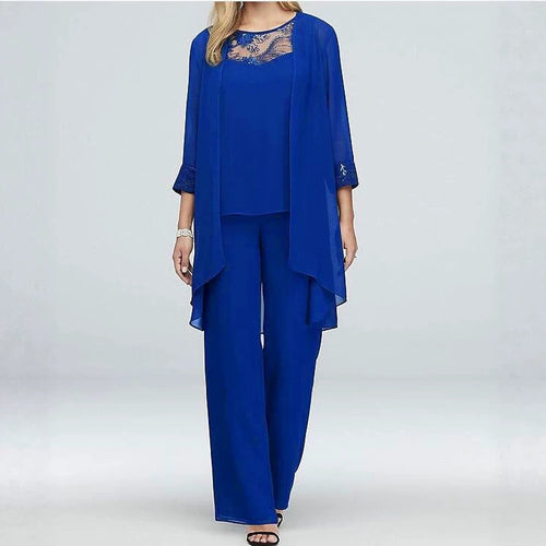 Damen nan fließendes Chiffon-Abendensemble mit Spitzenbesatz, Kimono-Cardigan und weiter Palazzohose Echo Archiv