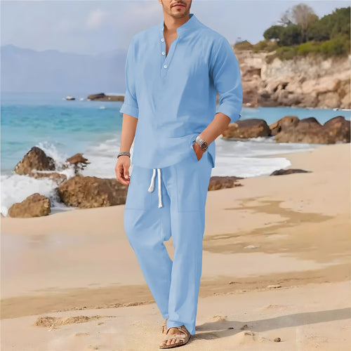 Herren luftiges Leinen-Outfit mit halblangen Ärmeln Echoarchiv