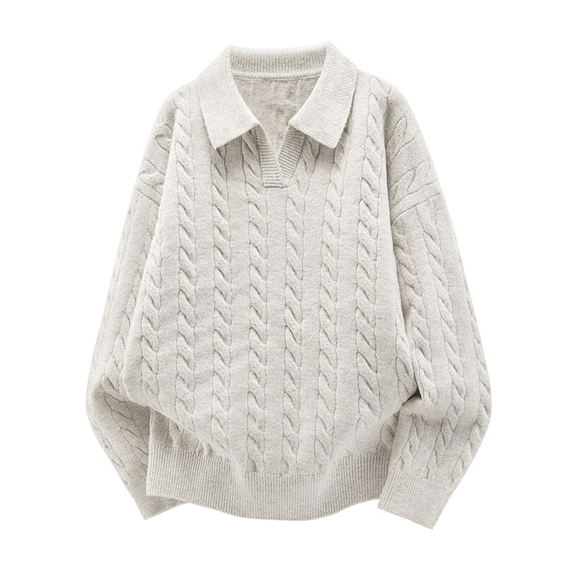 Damen Oversize Kabelstrick-Polo-Pullover mit V‑Ausschnitt und geripptem Saum Echoarchiv
