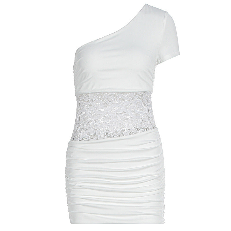 Damen Einseitig Träger Mini-Kleid mit Spitzenbund und Raffungen Echo Archiv