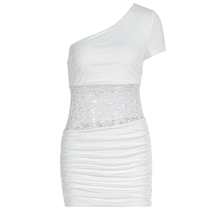 Damen Einseitig Träger Mini-Kleid mit Spitzenbund und Raffungen Echo Archiv