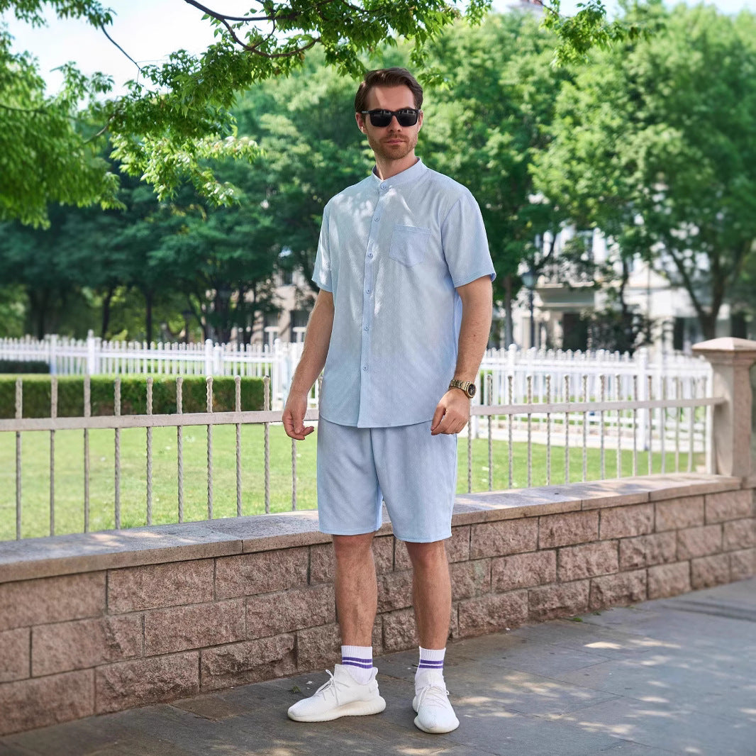 Herren Kurzarm-Hemd und Shorts Set mit modernem Stehkragen und atmungsaktiver Struktur Echoarchiv