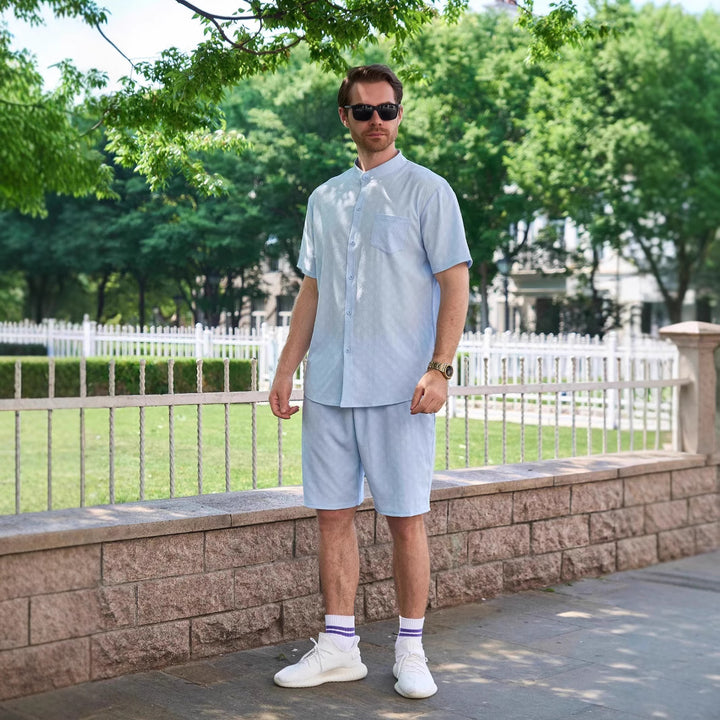 Herren Kurzarm-Hemd und Shorts Set mit modernem Stehkragen und atmungsaktiver Struktur Echoarchiv