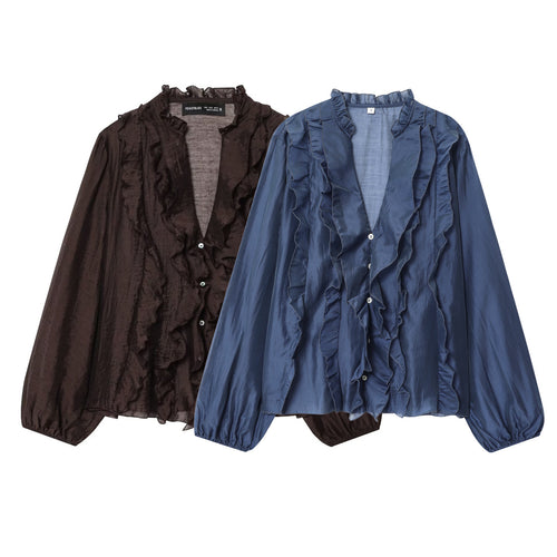 Damen seidige Rüschenbluse mit Stehkragen, Volantfront und Ballonärmeln – Élovi