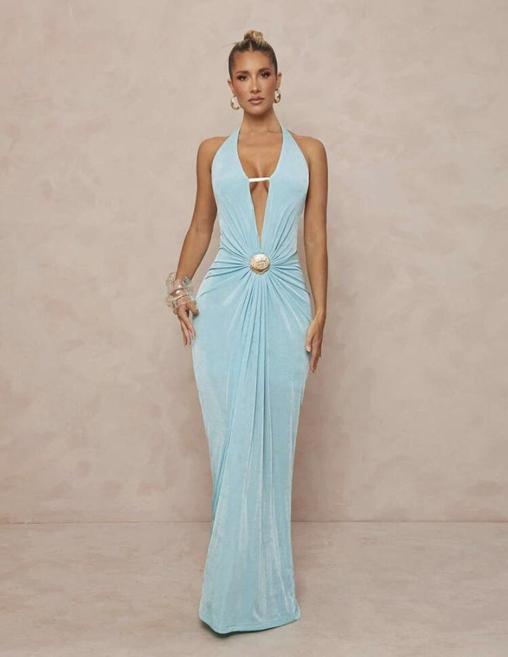 Damen Glamouröses Abendkleid mit tiefem V-Ausschnitt und eleganter Drapierung Echo Archiv