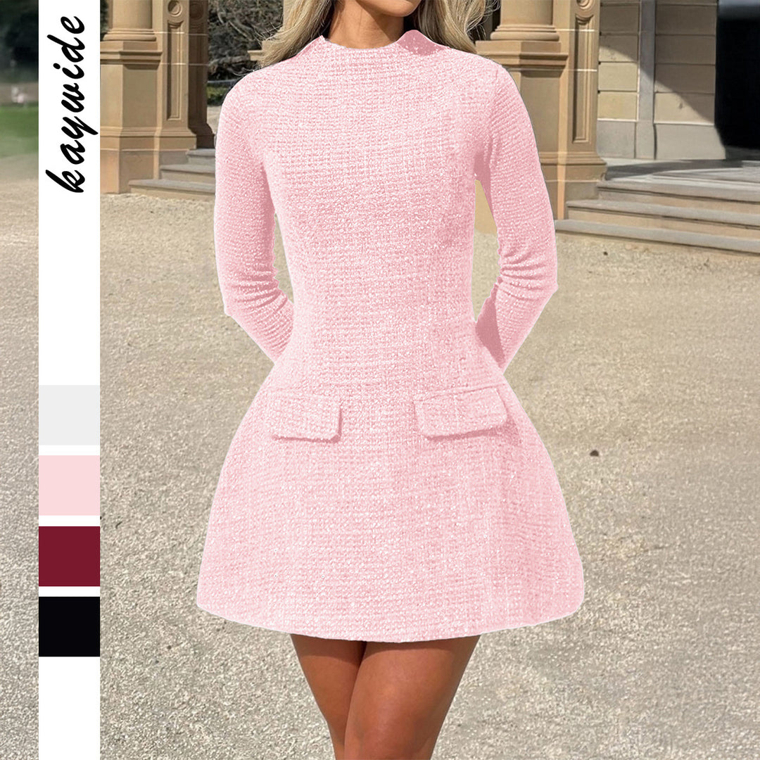 Damen tailliertes Bouclé-Minidress mit Stehkragen, langen Ärmeln, ausgestelltem Rock und dekorativen Pattentaschen – Élara