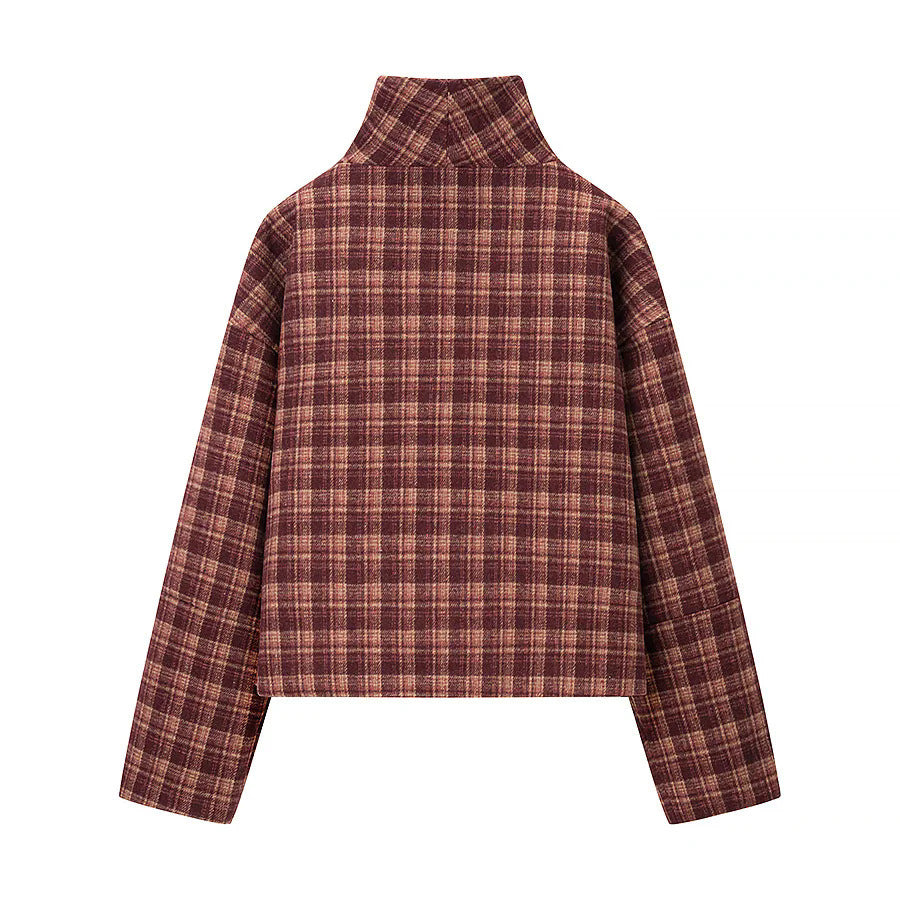 Damen boxy kurze Karo-Steppjacke mit hoher Kragenblende, asymmetrischer Knopfleiste und wattierter Innenlage – Célinea
