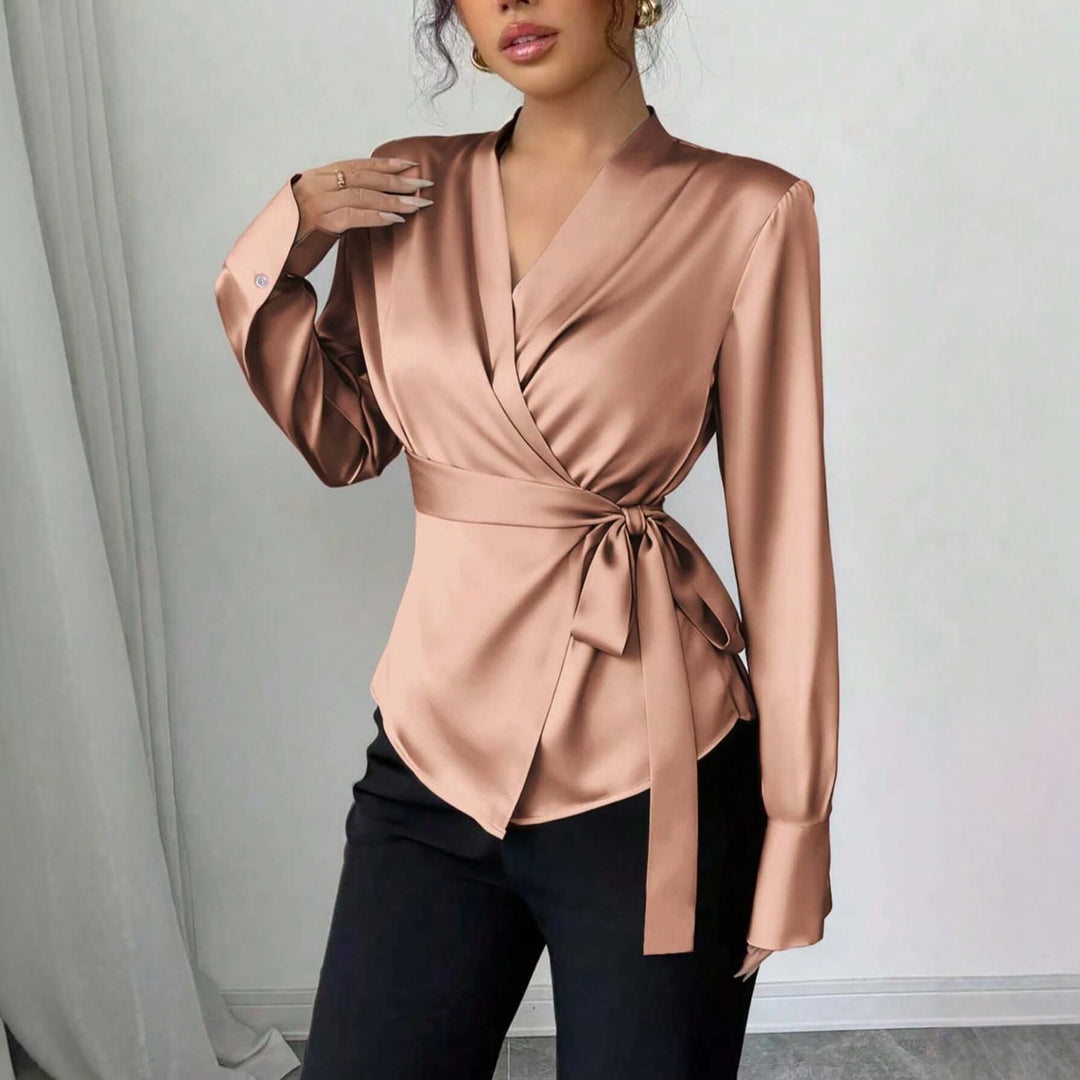 Damen Satin-Wickelbluse mit V-Ausschnitt, Taillengürtel und schmalem Manschettenärmel Echoarchiv