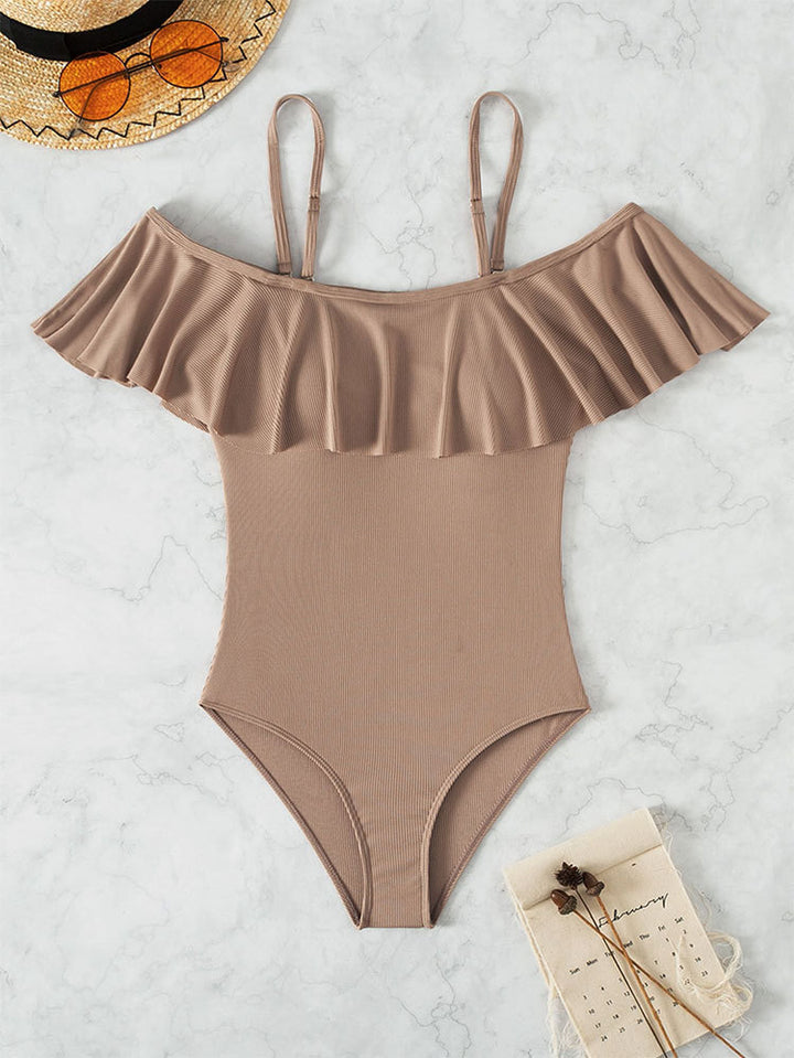 Damen Eleganter Badeanzug mit Volants und schulterfreier Ausschnitt Echo Archiv