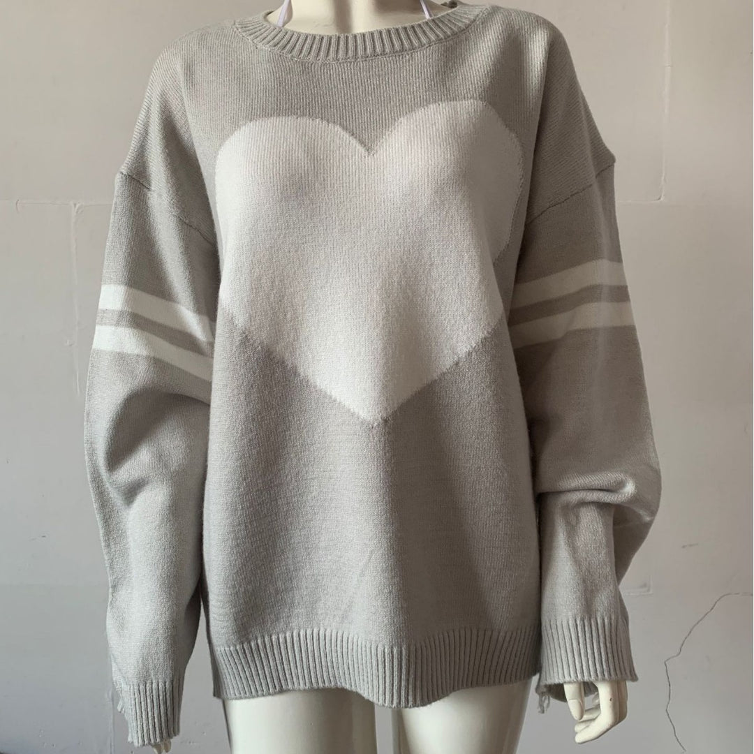 Damen Oversize Strickpullover mit Herzmotiv und sportiven Streifenärmeln Drune