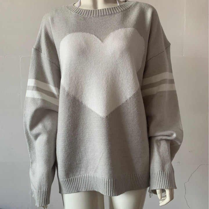 Damen Oversize Strickpullover mit Herzmotiv und sportiven Streifenärmeln Drune