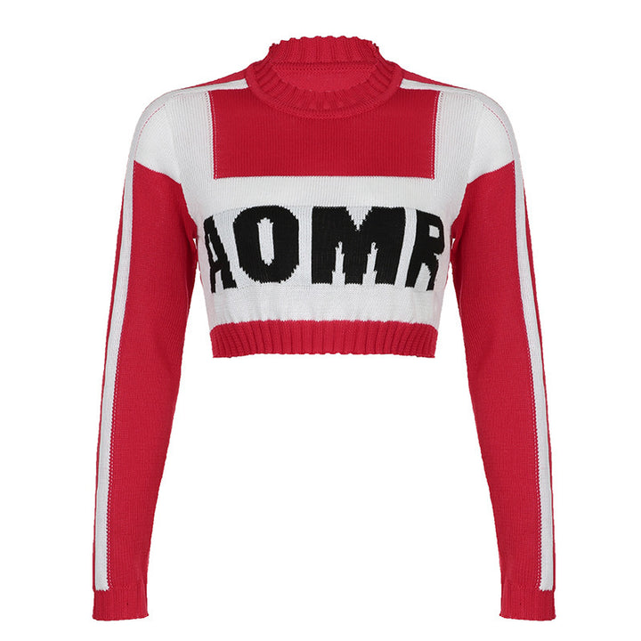 Damen Kurzgeschnittenes Cropped-Strickshirt mit hohem Rollkragen und kontrastierendem Logo – Mavelle
