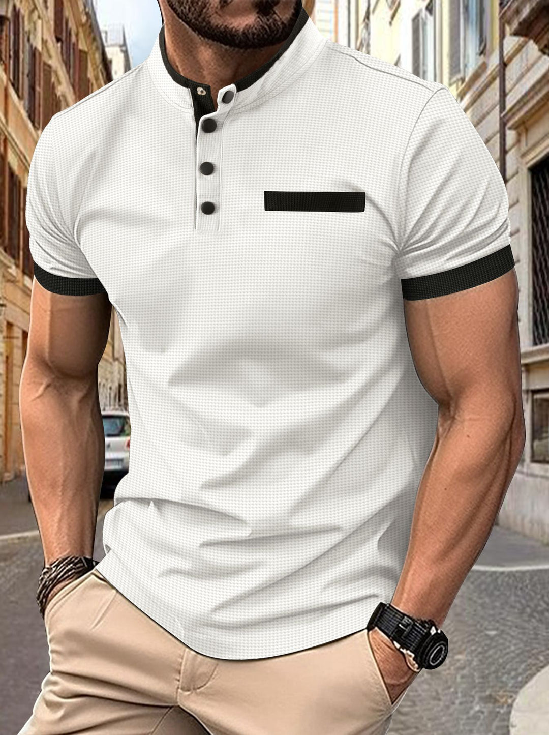 Herren Kurzarm Hemd mit modernem Stehkragen und stilvollen Knopfdetails Echoarchiv