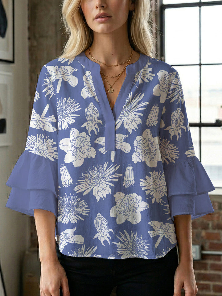 Damen elegantes Blusenshirt mit voluminösen Rüsenärmeln und grafischem Blumendesign Echo Archiv