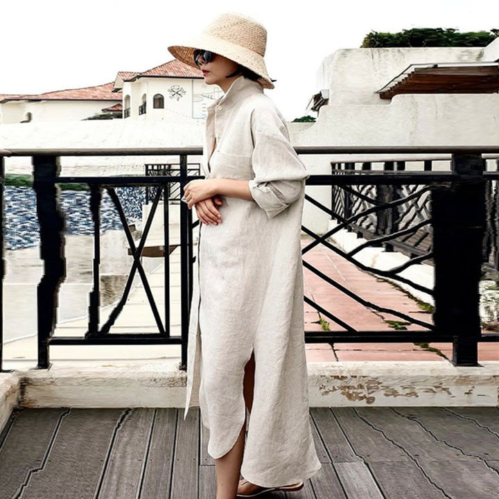 Damen Oversize-Leinen-Hemdmaxikleid mit Stehkragen, Krempelärmeln und hohen Seitenschlitzen – Valéora