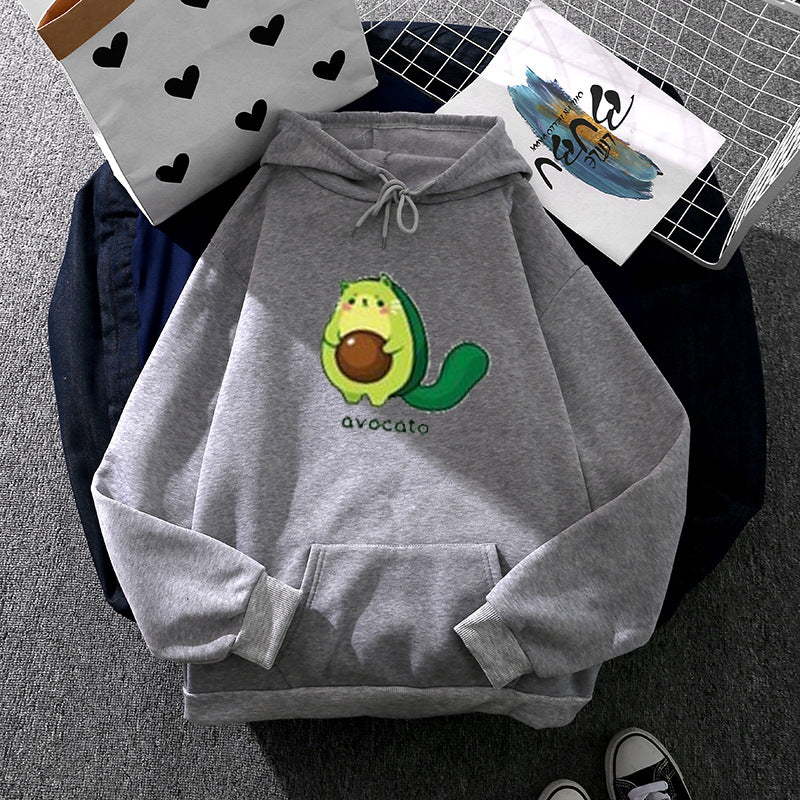 Damen Oversize-Fleecehoodie mit weichem Innenfutter, Kängurutasche und Avocato-Cartoonmotiv – Auréline