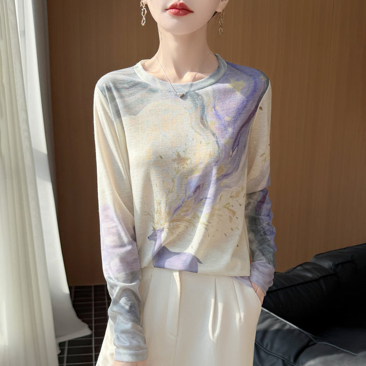 Damen Leichtes Langarmshirt aus Viskose-Mix mit Aquarellprint und Rundhalsausschnitt Echoarchiv