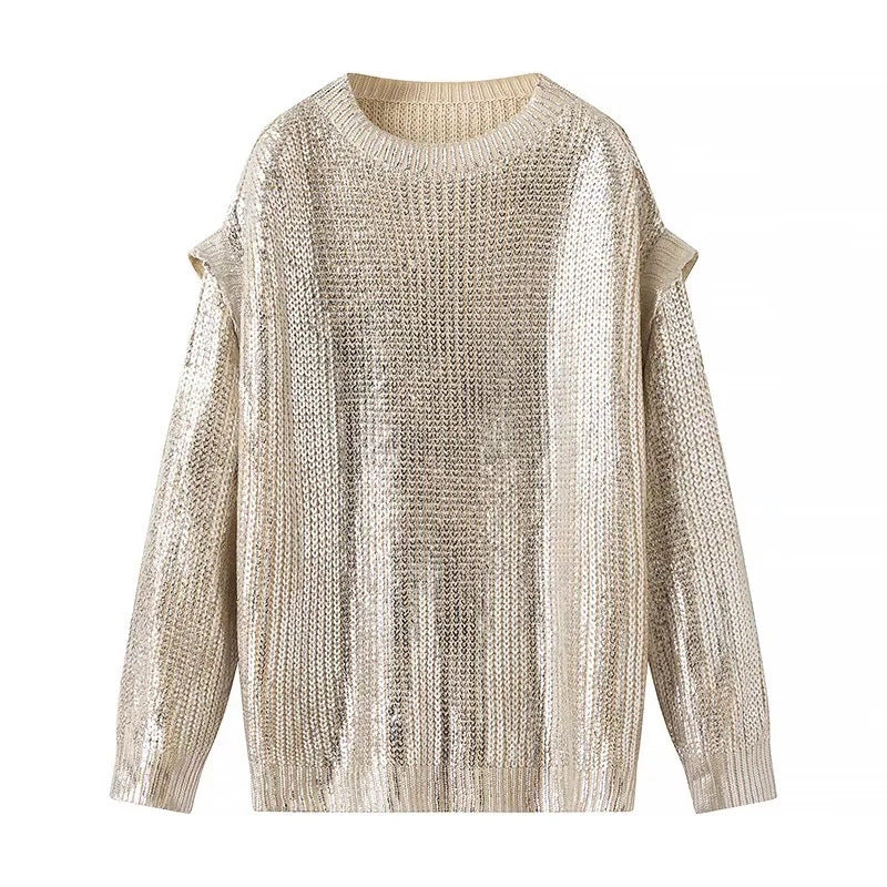Damen Glänzender Oversize-Strickpullover mit Schulter-Cutouts Echo Archiv