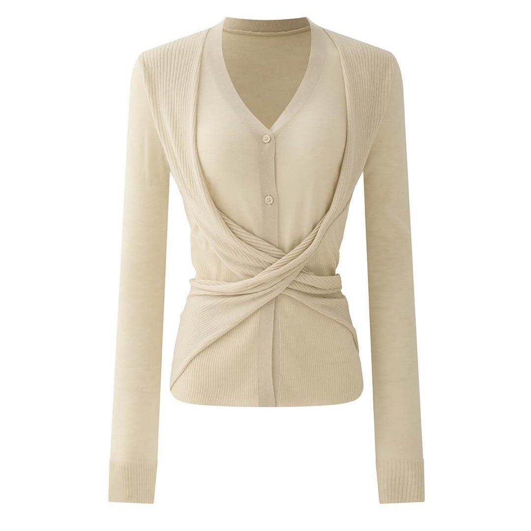 Damen Feiner V‑Ausschnitt Cardigan mit langen Schalkanten und geripptem Saum Echoarchiv