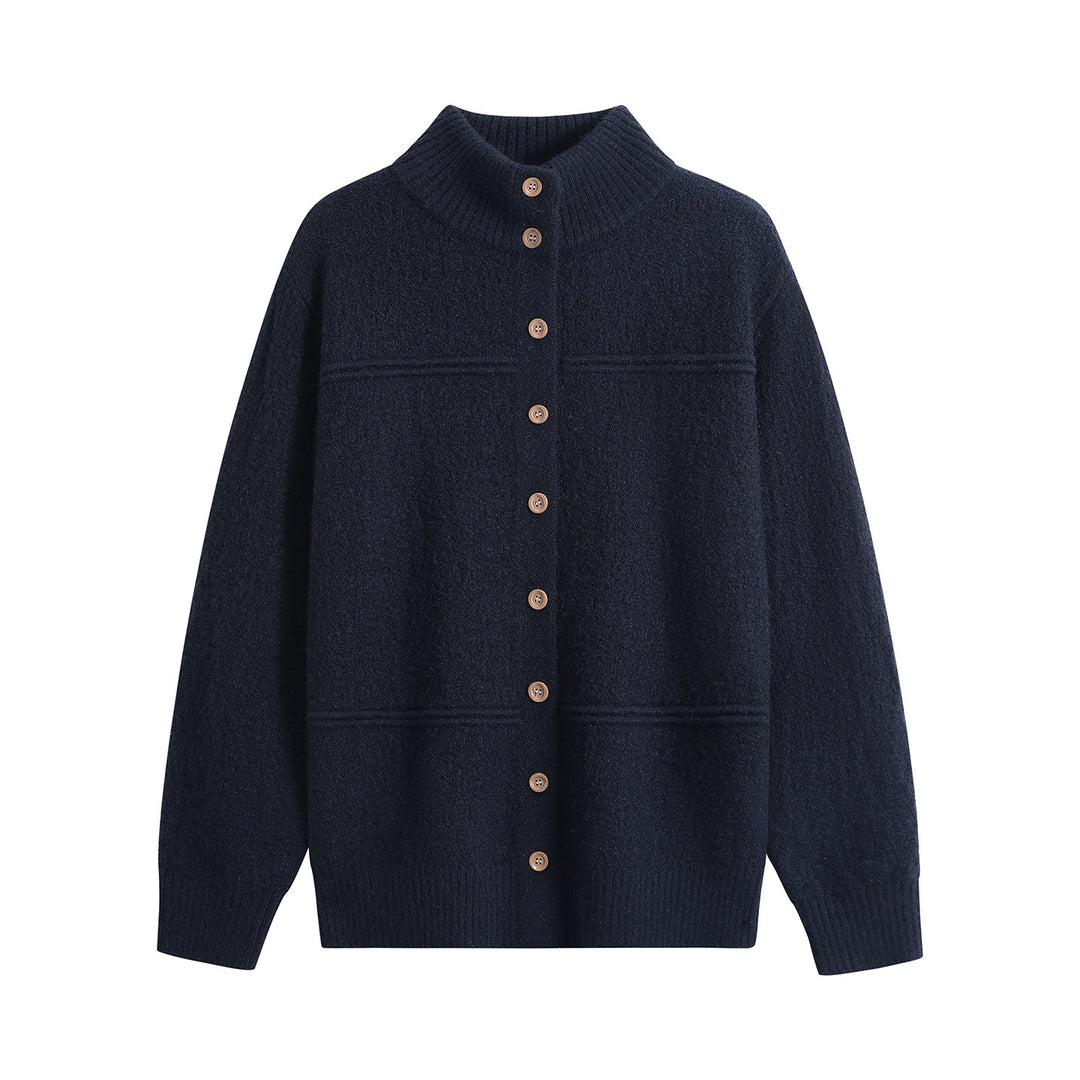 Damen Langer Oversize-Wollmix-Cardigan mit hohem Rippenkragen und Vintage-Knöpfen Echoarchiv